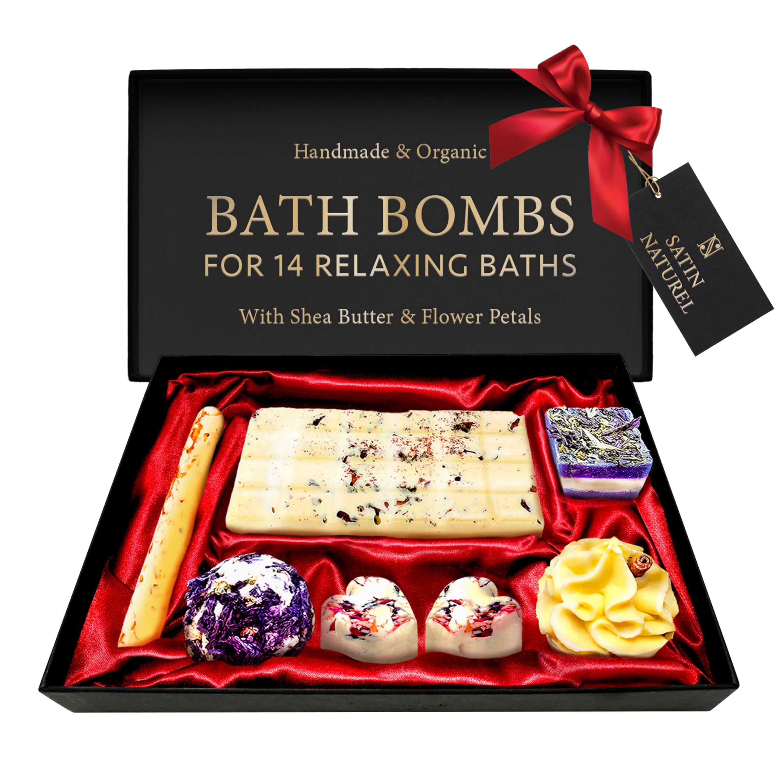 Satin Naturel Luxury Gifts for Women โ Organic Handmade Bath Bombs 7pcs with Essential Oils & Shea Butter โ Premium Gift Box โ Perfect Gifts for Her & Girls