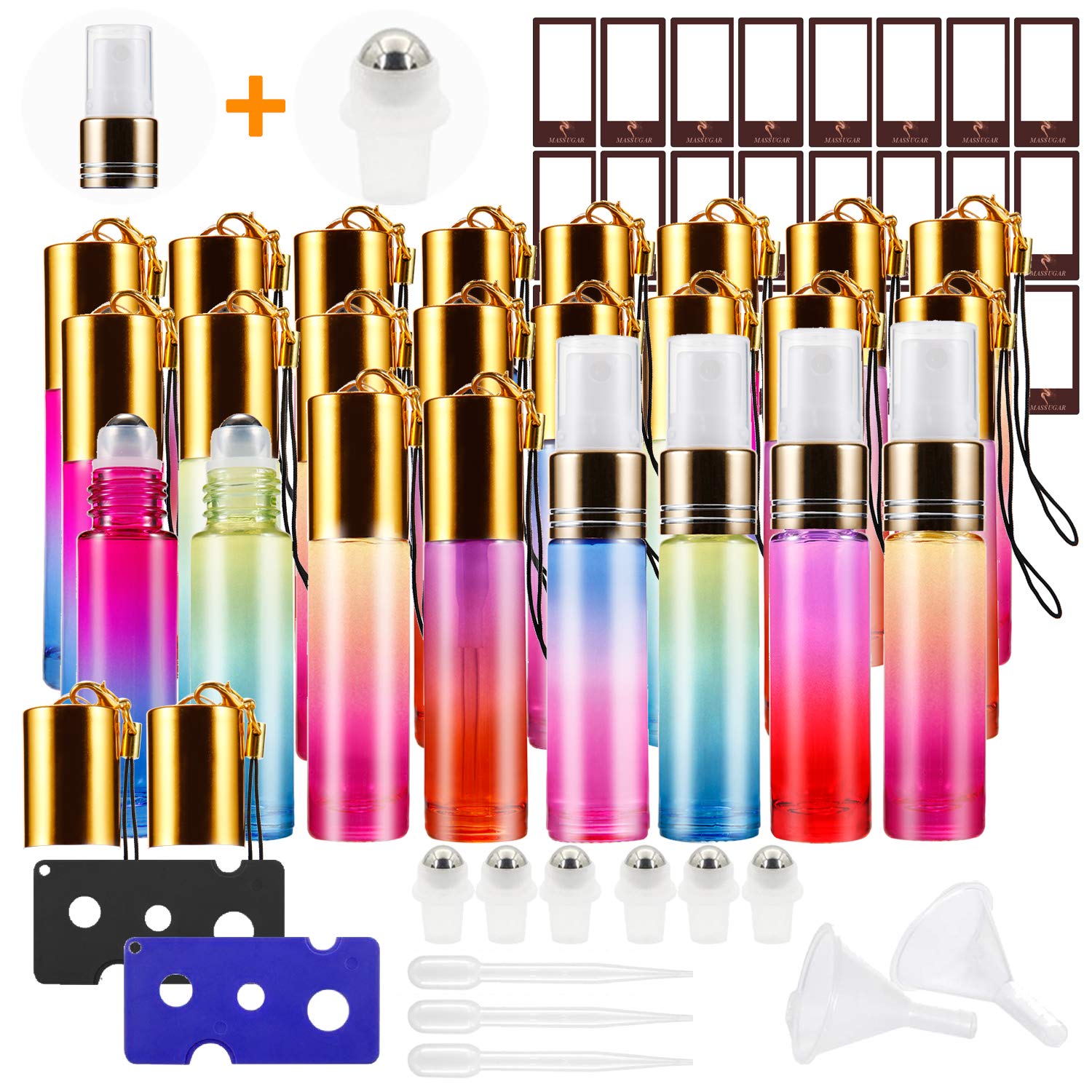 Essential Oil Roller Bottles，24 Pack 10ml Rainbow Color Roller Bottles for Essential Oils with Stainless Steel Roller Balls and Glass Spray Bottle (3 Droppers,2 Funnels,6 Extra Roller Balls,24 label