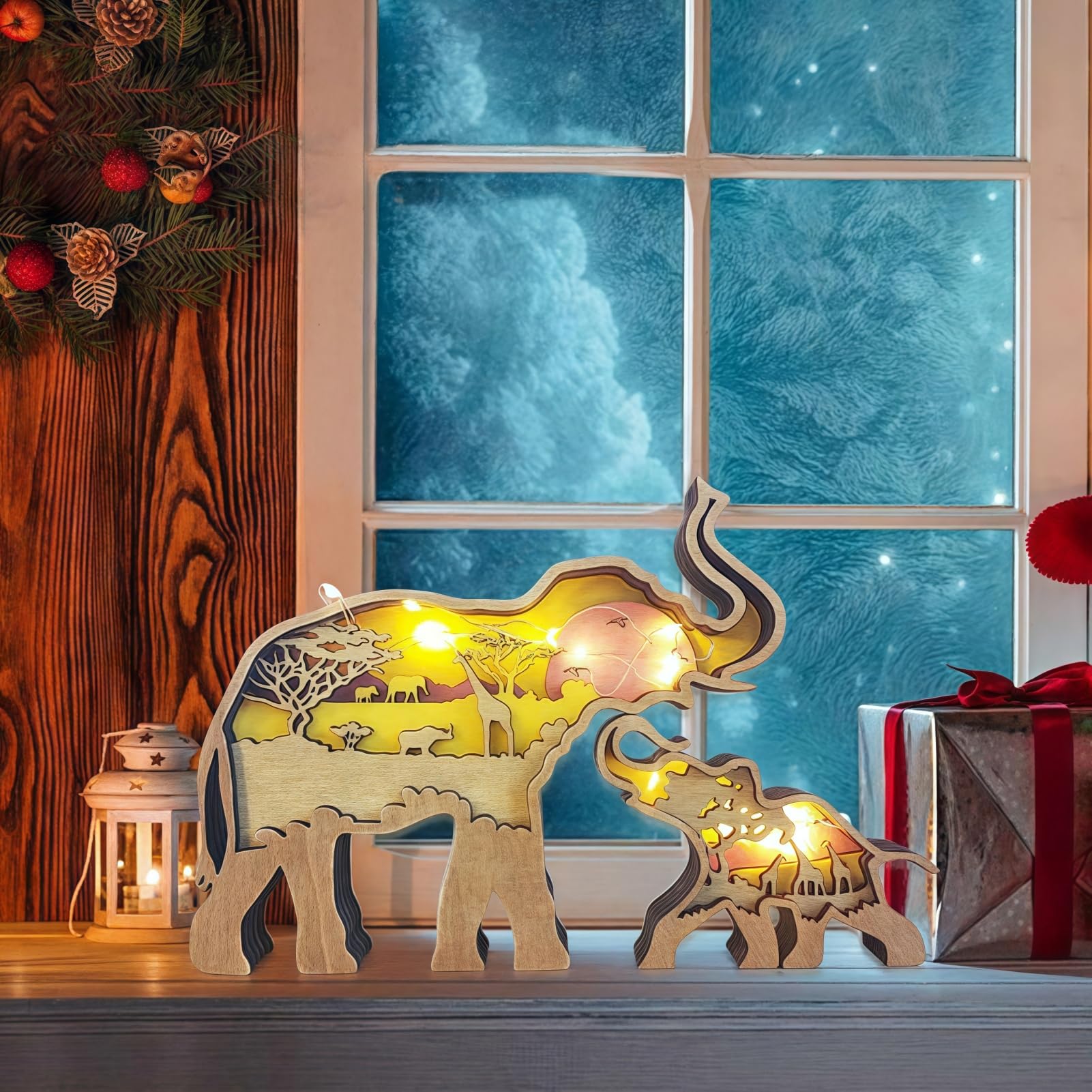 Photo 1 of 3D Wood Carving Animals Lamp Home Decorative, Cute Bear Family Elephant Presents Ideas Christmas Living Room Office Decor Warm LED Night Lights Gift for Friend Daughter Son Mom Dad (Elephant)