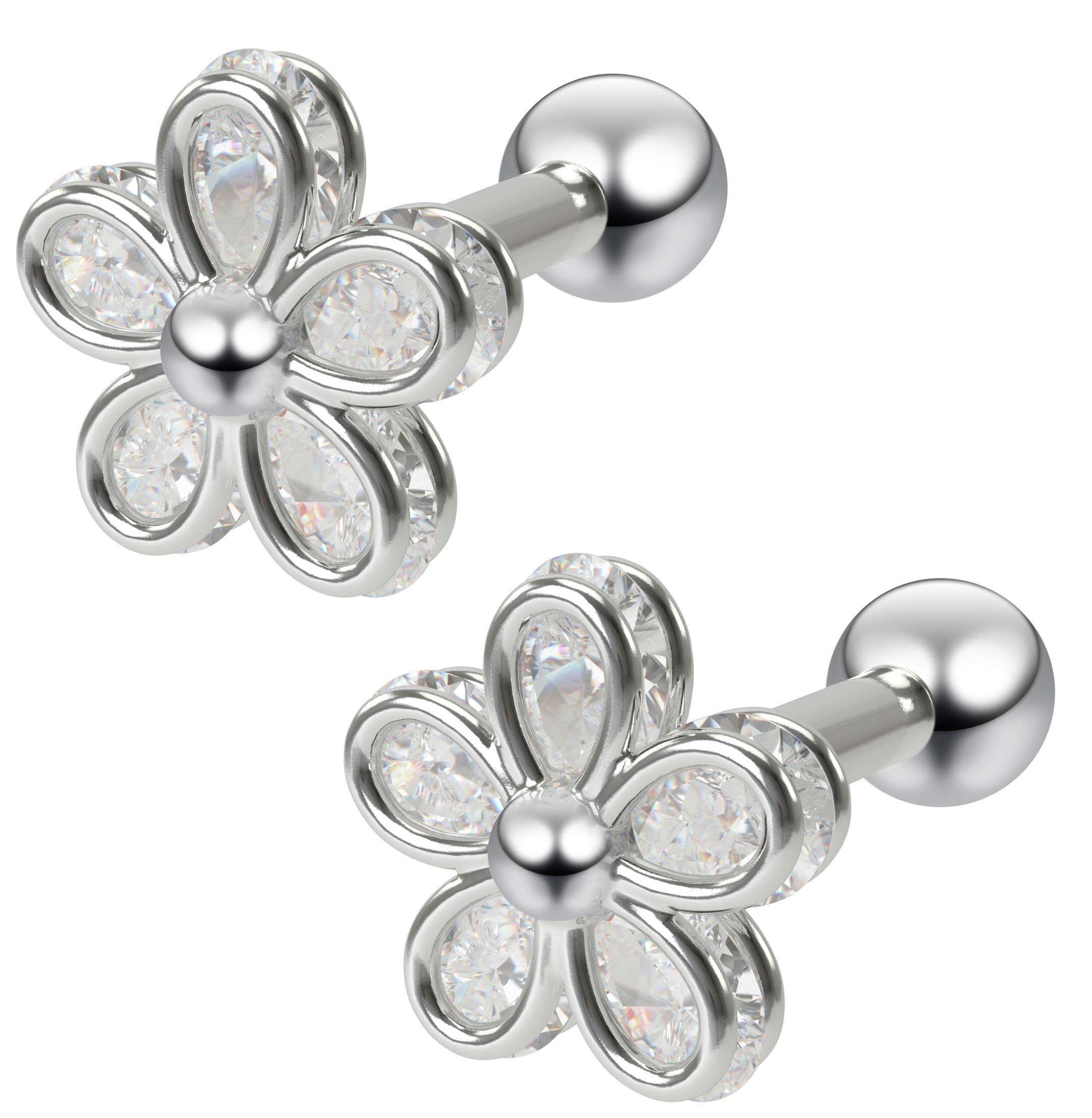 Bling Piercing 2pc 16g 1.2mm Cubic Zirconia CZ Flower Gem Barbell Studs 6mm Cartilage Bar Earring Forward Helix Steel