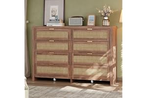 8 Drawers Dresser for Bedroom, Rattan Dresser with Wood Frame & Metal Handles, Chest of Drawers with Wheels, Dresser Closet O