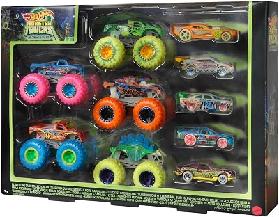 Hot Wheels Multipack Glow in The Dark™ Monster Trucks 10 Veículos de Brinquedo: 5 Monster Trucks e 5 Carros em Escala 1:64, Presente Colecionável para crianças entre 4 e 8 anos, HCB57