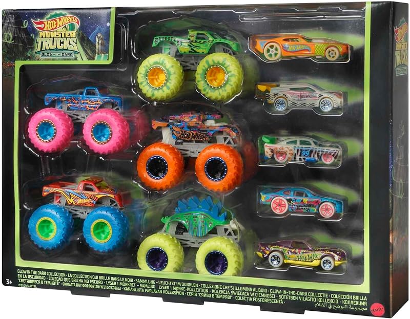 Hot Wheels Multipack Glow in The Dark™ Monster Trucks 10 Veículos de Brinquedo: 5 Monster Trucks e 5 Carros em Escala 1:64, Presente Colecionável para crianças entre 4 e 8 anos, HCB57