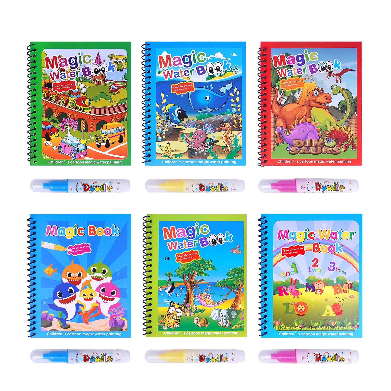 Realjoy 6 Pieces Magic Water Colouring Books Reusable Water Painting Books for Children with 6 Pieces Water Pen Animal Magic Painting Book for Kids Toddler Educational