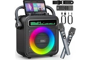 GESNADA Karaoke Machine with 2 Wireless Microphones, Portable Bluetooth Speaker w/PA System for Adults & Kids with LED Lights, Supports TWS/FM/AUX/USB/TF Card for Party, Home, Gifts