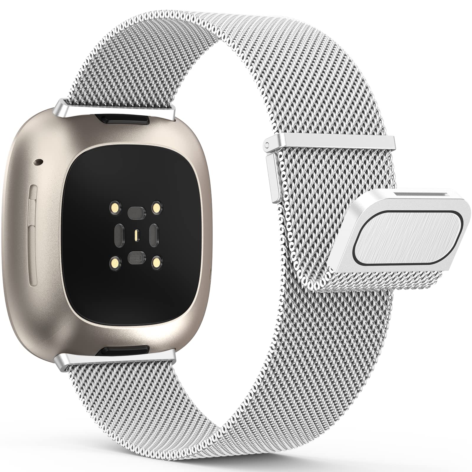 Yoohoo Straps Compatible with Fitbit Versa 3/Fitbit Versa 4/Fitbit Sense 2,Adjustable Stainless Steel with Double Magnetic Clasp Replacement Straps for Women Men/Silver