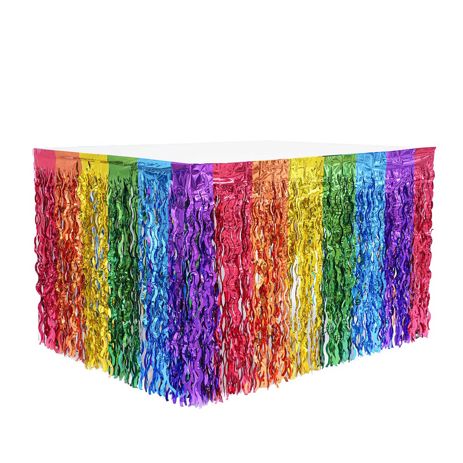 Vxcvzv 2 Pcs Rainbow Tinsel Foil Table Skirt 29in x 108in Wave Foil Fringe Streamers Curtains for Birthdays Holiday Wedding Engagement Cartoon Parties