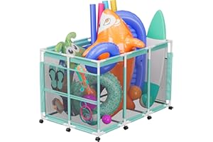 POOLHOUR Pool Float Storage – Outdoor Pool Toy Storage Organizer for Pool Noodles, Toys, Floats, Balls, and Equipment, Mesh Rolling Storage Organizer Bin, Cyan