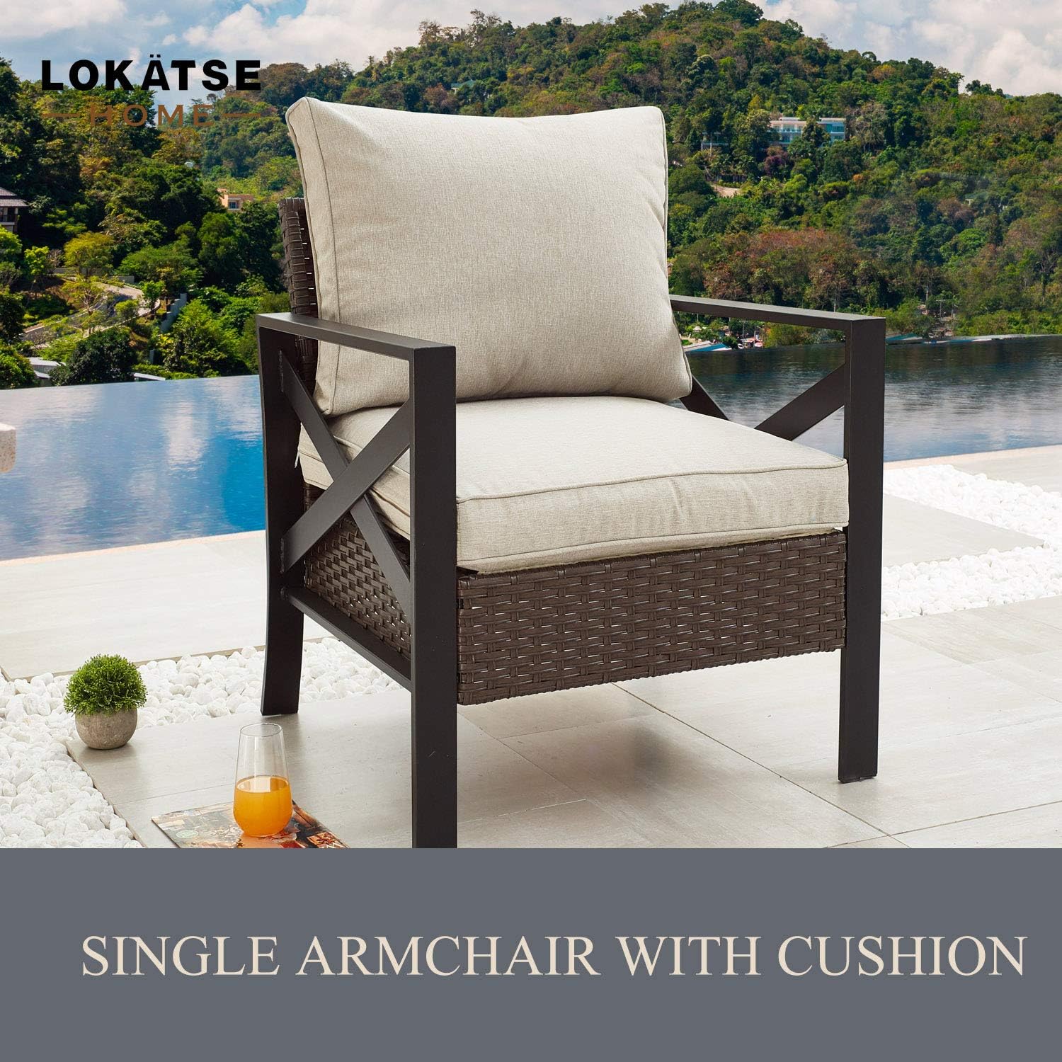 LOKATSE HOME Outdoor Patio Furniture Modern Wicker Sofa Chair Rattan Conversation Single Armchair with Cushion, Brown : Garden & Outdoor