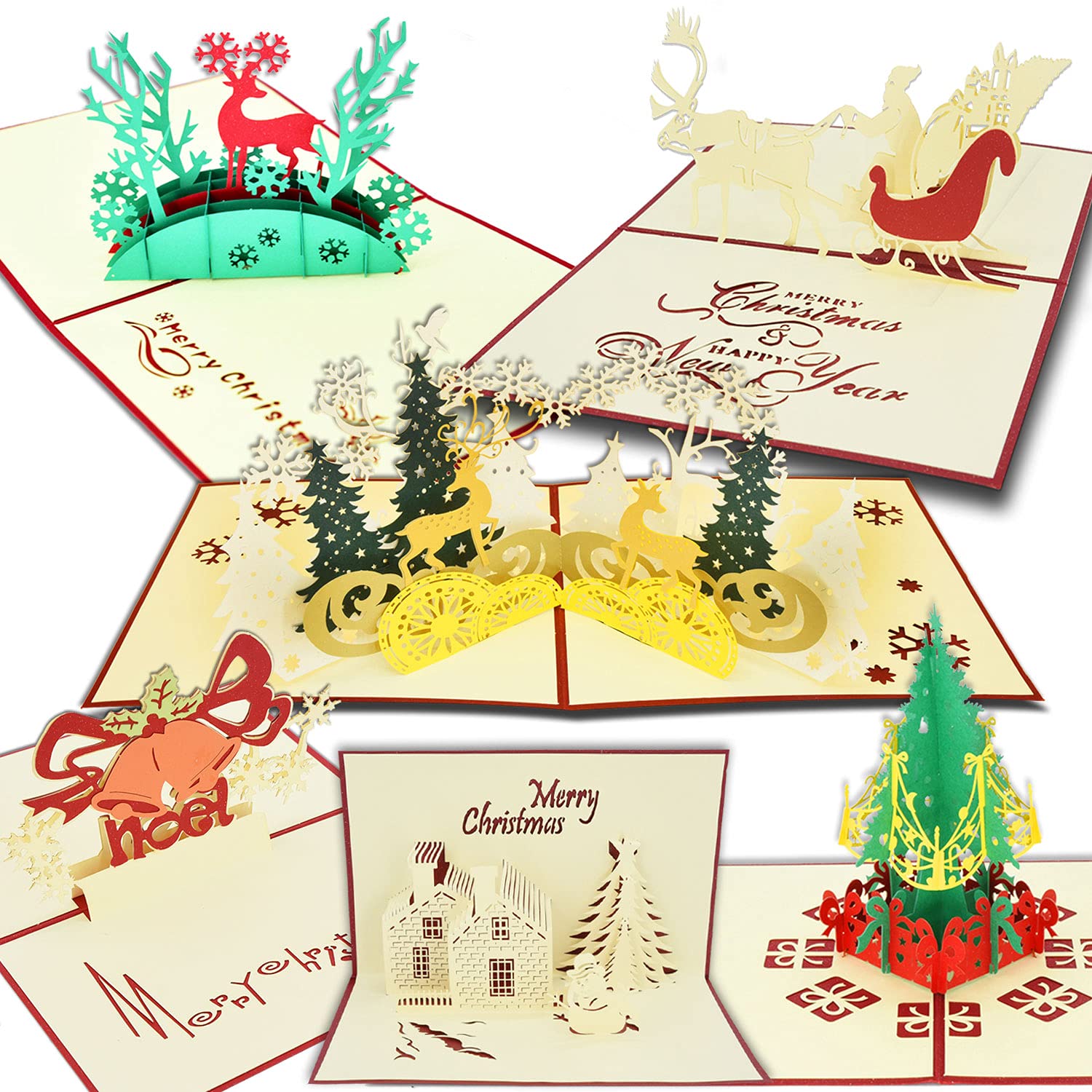 6PCS Christmas Cards,3D Pop Up Holiday Greeting Cards for Xmas/New Year