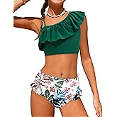 Arshiner Girls Two Piece Swimsuit Ruffles Flounce Printed Bikini Set Swimwear Girl Bathing Suits with Chest Pad 4-15 Years