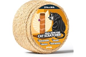 Pelzin Natural Sisal Rope for Cat Scratcher 1/4 Inch by 50 Feet, Cat Tree Rope Twine for Cat Scratching Post Replacement, Cat Tower with Scratch Post Repairing, Replace, Recovering and DIY, Natural