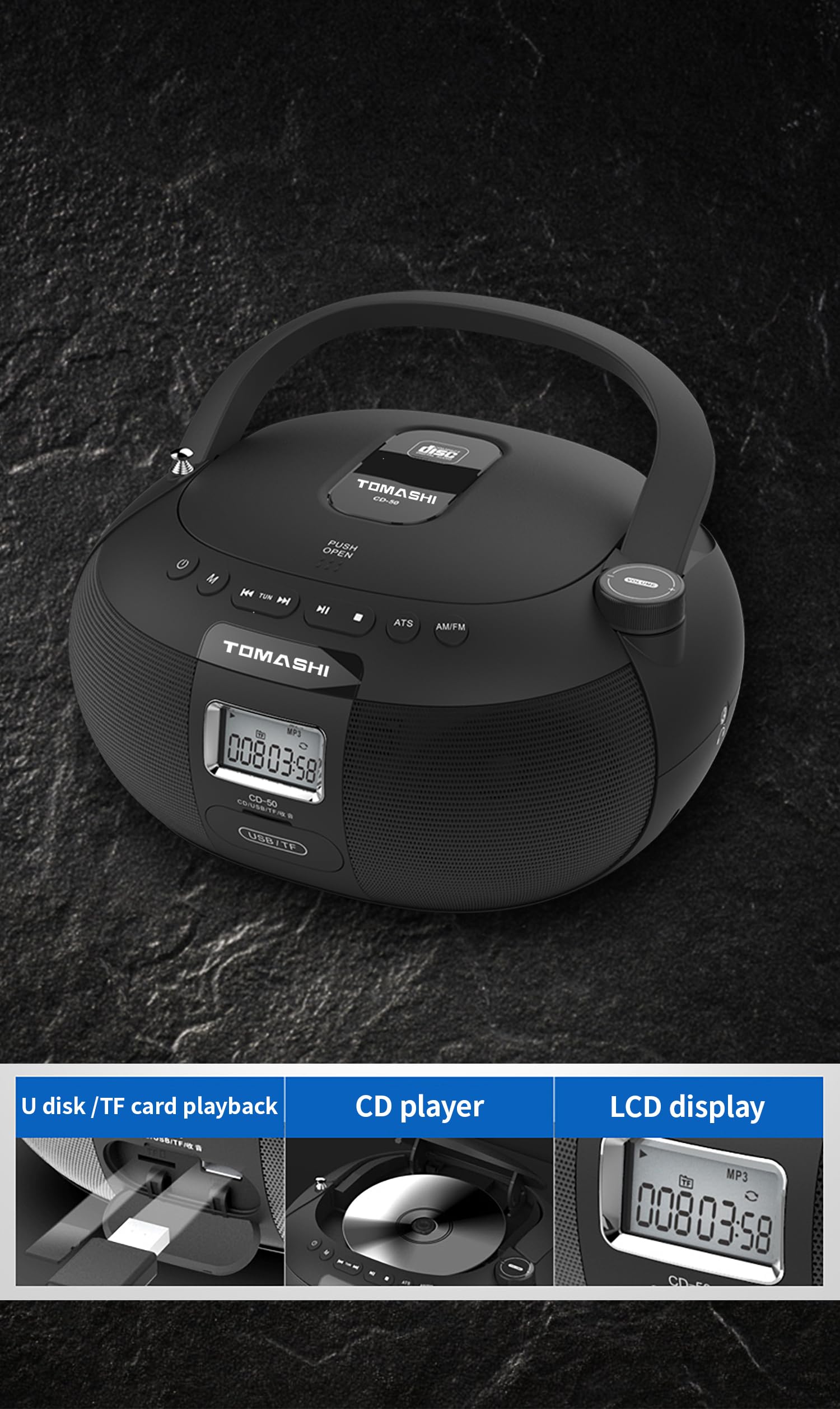 TOMASHI CD-50 CD Player Boombox in Black Portable CD Player | Stereo Sound | LCD Display | USB/TF Card Drive Supported | Headphone Jack