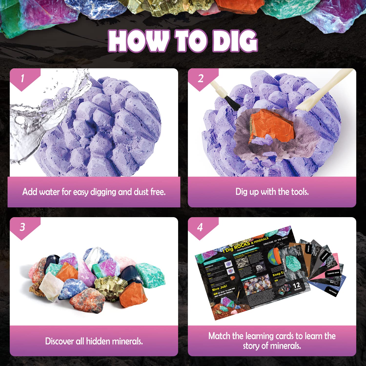 Byncceh Mineral Mining Kit Rock Mining Kit Gem Dig Kit - Dig up 12 Rock & Mineral Collection Gemstones & Crystals Dig Kit for Kids Gemology Mining Gift Rocks Minerals, Excavation Toys for Boys Girls