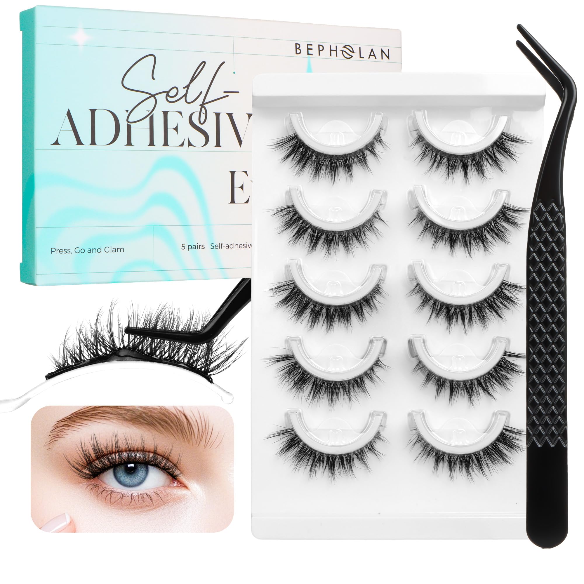 Photo 1 of Bepholan Self Adhesive Eyelashes Natural Look,Pre Glued No Glue Needed Reusable Press On Lashes False Eyelashes Wispy with Tweezer of Replacement Adhesive Strips 8-14mm 5 Pairs(CVJ205)