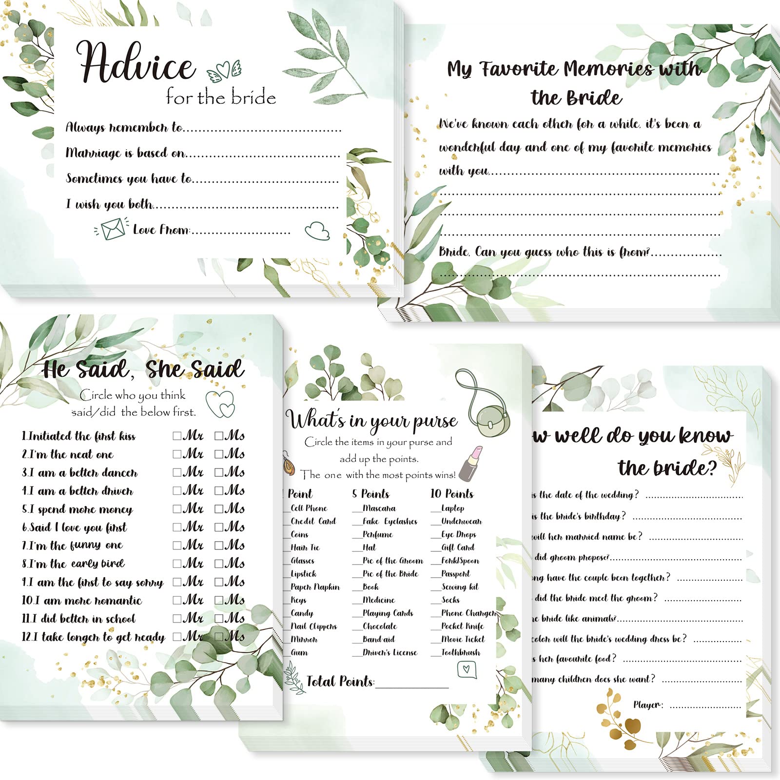 Nezyo 50 Pieces Hen Night Party Do Card Games Includes 5 Games Advice for the Bride Cards How Well Do You Know the Bride Hen What's in Your Purse Card(Leaf)