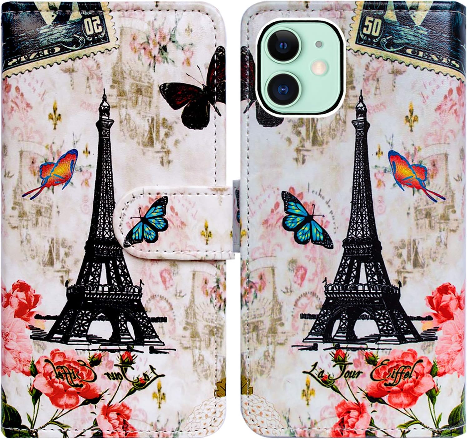 iPhone 12 Mini Case,Bcov Paris Tower Butterfly Leather Flip Phone Case Wallet Cover with Card Slot Holder Kickstand for iPhone 12 Mini