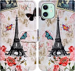 iPhone 12 Mini Case,Bcov Paris Tower Butterfly Leather Flip Phone Case Wallet Cover with Card Slot Holder Kickstand for iPhone 12 Mini