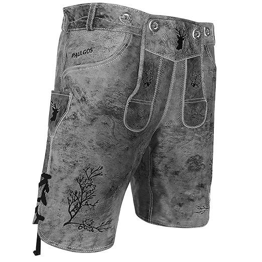 PAULGOS Herren Trachten Lederhose + Träger, Echtes Leder, Kurz in 2 Farben Gr. 44-60 HK3 Antik