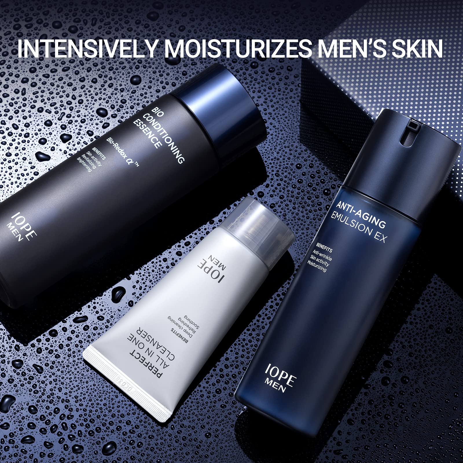 IOPE MEN BIO Anti-aging & Moisturizing Set, Cleanser, Emulsion, Conditioning Essence Serum and Soothing Aftershave, HOMME Korean Skincare by Amorepacific