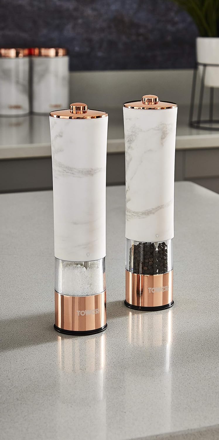 Tower Marble Rose Gold Electric Salt and Pepper Mill with LED Light, Battery-Operated Grinding Mechanism, White Marble and Rose Gold - Image 5