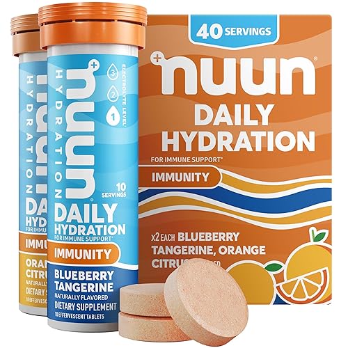 Nuun Immunity Electrolyte Tablets with Vitamin D, C, E, & A, Ginger, Elderberry, Magnesium & 4 Other Essential Electrolytes, Vegan, Blueberry Tangerine & Orange Citrus, 4 Pack (40 Servings Total)