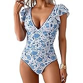 Aidonger Women's One Piece Ruffle Swimsuit Tummy Control Bathing Suit V Neck Shell Stitched Swim Suit Slimming Swimwear