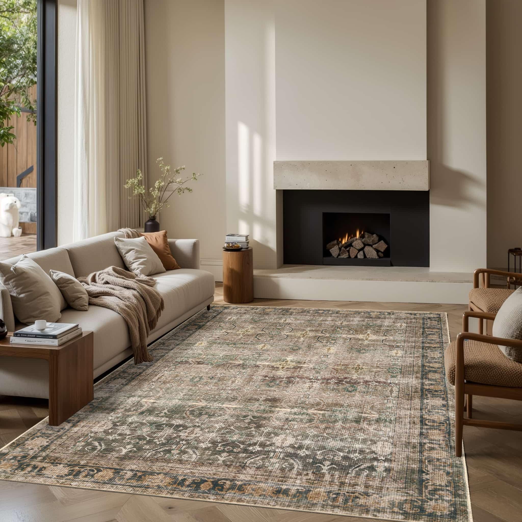 Photo 1 of ***PET HAIR (DOG)**** Rugxara 6x9 Area Rugs for Living Room Bedroom, Large Washable Rug, Brown Vintage Retro Boho Rug, Non Slip & Low Pile Faux Wool Thin Carpet for Indoor Dining Room and Kids Room(Charcoal/Olive 6x9ft)