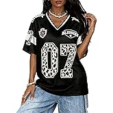 Women's Y2K Leopard Number Graphic Football Jersey Mesh V Neck Oversized Tops Summer Streetwear T Shirt