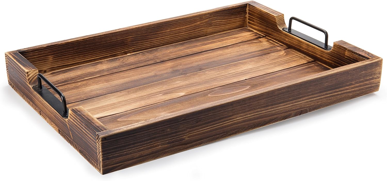 Rustic Burnt Wood 20-Inch Serving Tray with Modern Black Metal Handles: Home & Kitchen