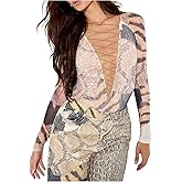 SweatyRocks Women's Deep V Neck Bodysuit Snake Print Criss Cross Long Sleeve One Piece Leotard Tops