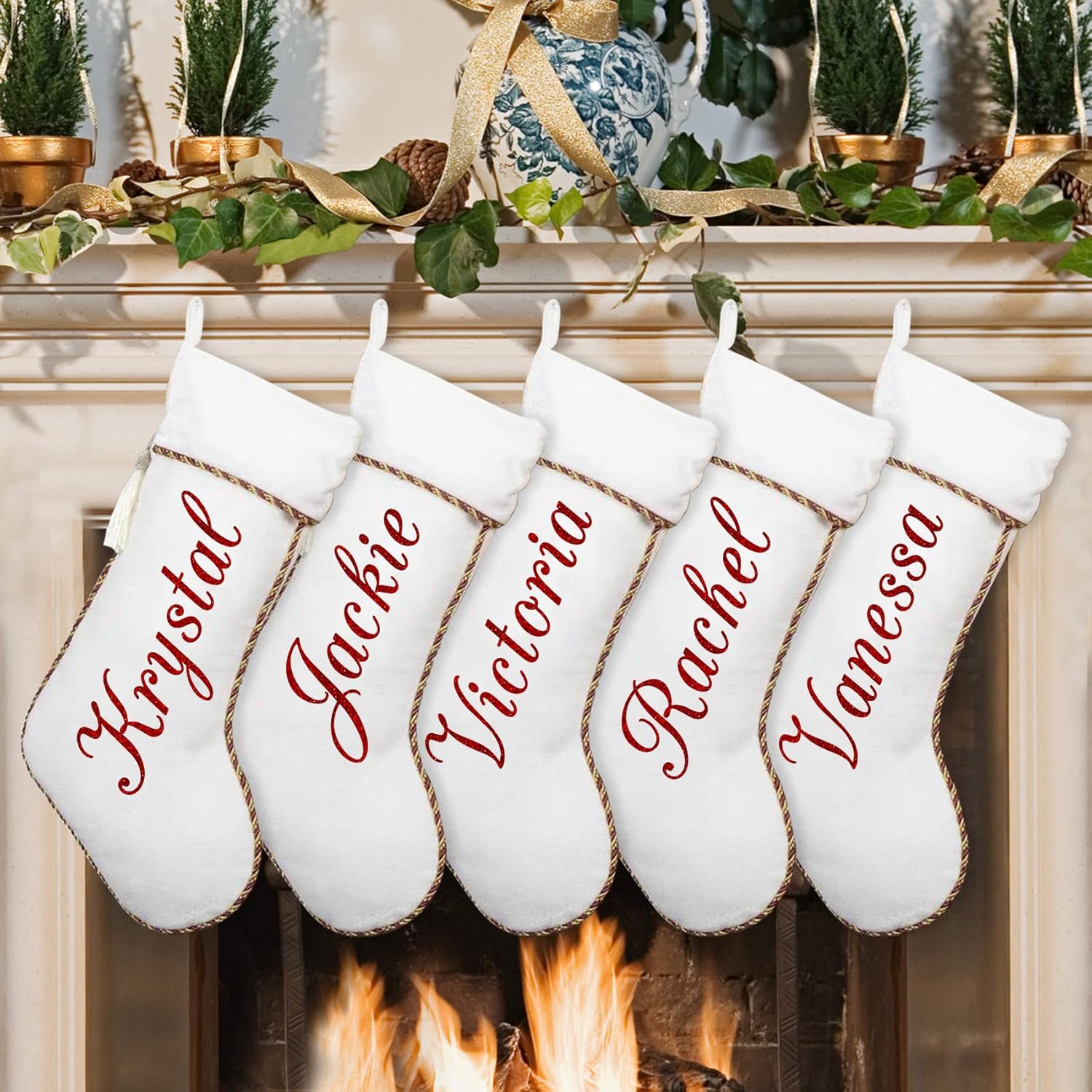 Stockings & Holders - Ugiftcorner Personalized Christmas Stockings 5 Pack White Velvet Christmas Stockings with White Tassel for Family Kids Large Christmas Stockings Xmas Farmhouse Fireplace Hanging