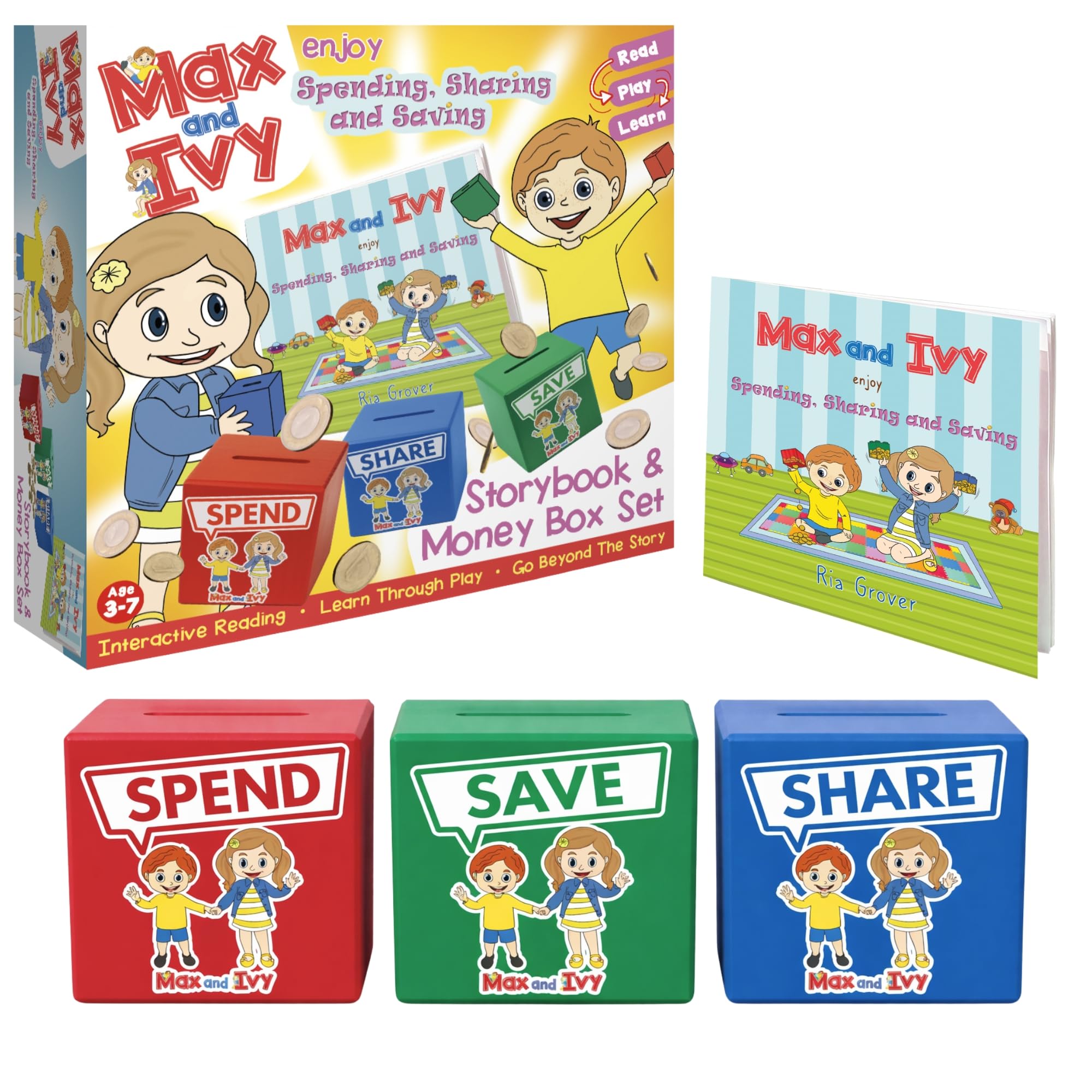 Money Boxes for Kids – 3 Piggy Banks Set for Saving, Spending & Sharing – Teaches Financial Literacy Ages 3-7 – Includes Fun Illustrated Storybook – Kids Wooden Money Bank Game – Max and Ivy