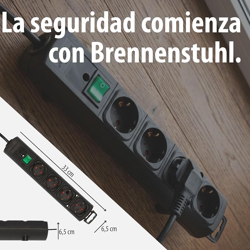 Comfort Line regleta de enchufes con 4 Tomas de Corriente para Montaje (Cable de 2 m, Interruptor Iluminado, montable, Enchufe Plano) Negro