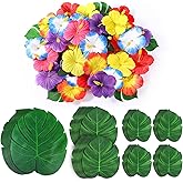 126Pcs Luau Party Decorations Supplies Tropical Palm Leaves Hibiscus Flowers Simulation Artificial Leaf for Hawaiian Luau Safari Parties Jungle Beach Theme BBQ Birthday Party Decorations Table Décor