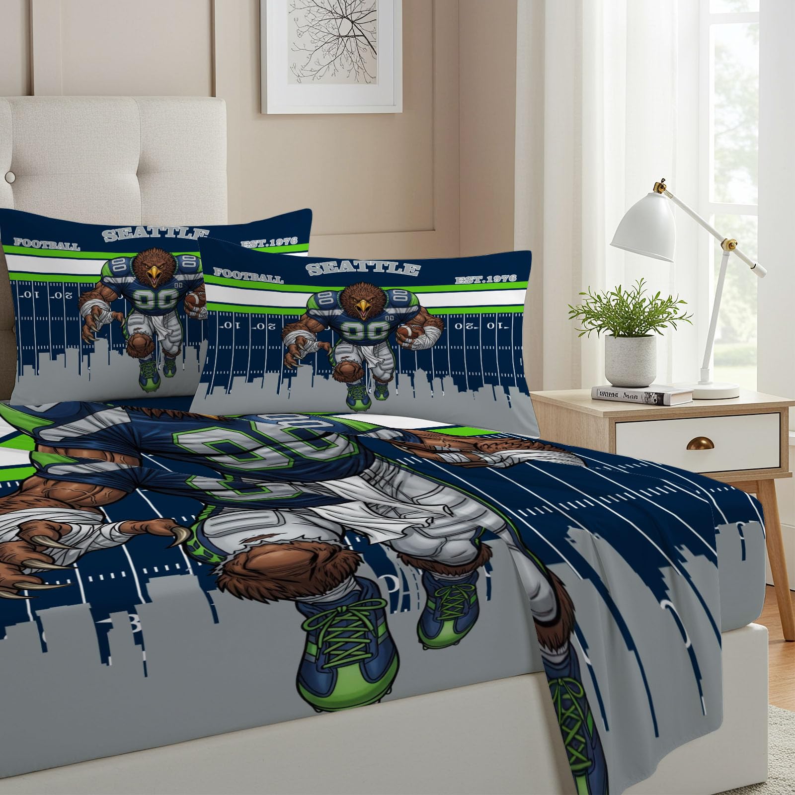 Photo 1 of Allenjoy Seattle American Football Blue Surge Sheets Set with Fitted Sheet, Flat Sheet and 1 Pillowcase for Boys Teens Fans Men Son Bedding Bedroom Decor, Twin Size
