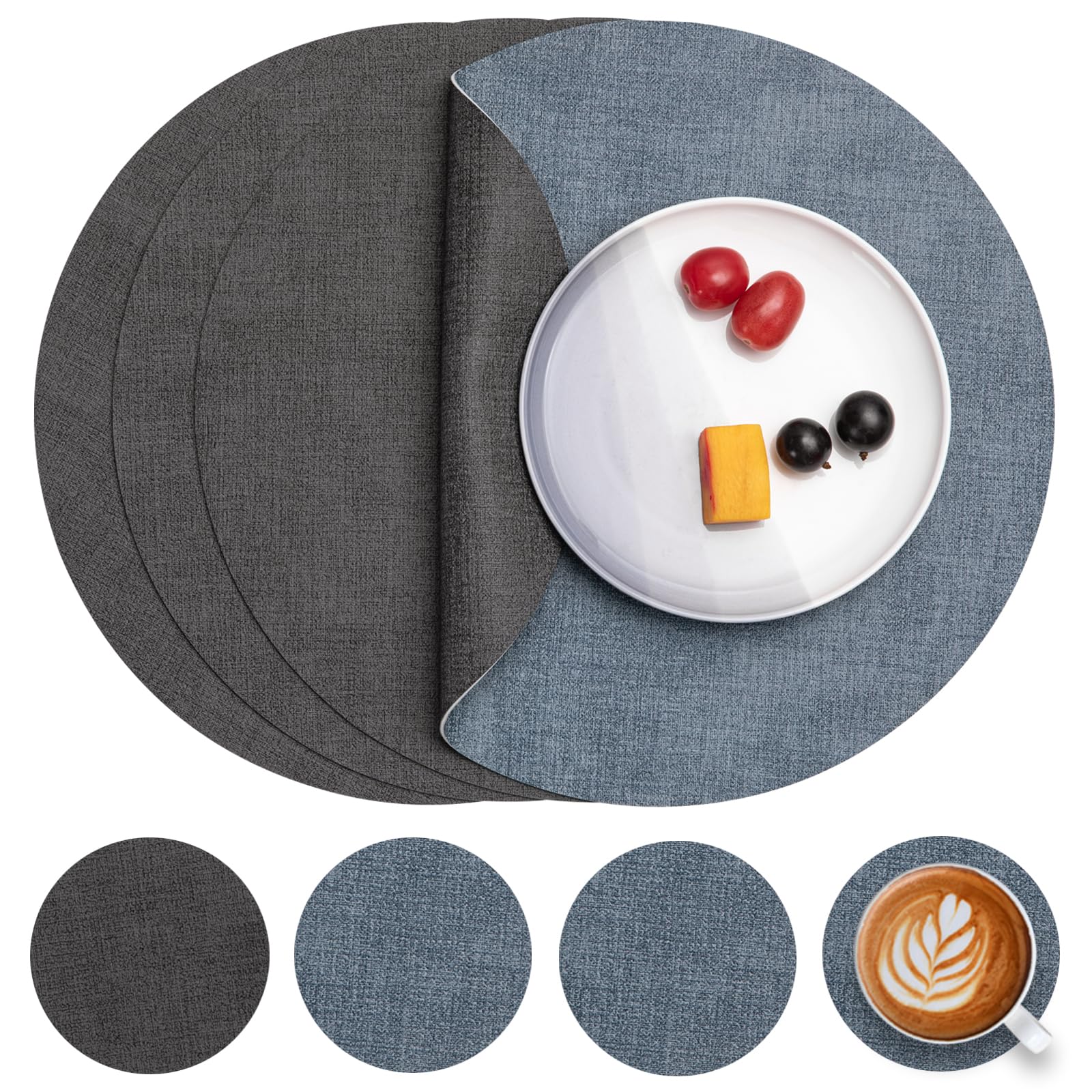 Myir JUN Leather Placemats and Coaster Set of 4, Table Mats Round Waterproof Dual Sided Kitchen Place Mats Coffee Mats Heat Resistant Placemat Non-Slip Washable (set of 4, Grey Light Blue)