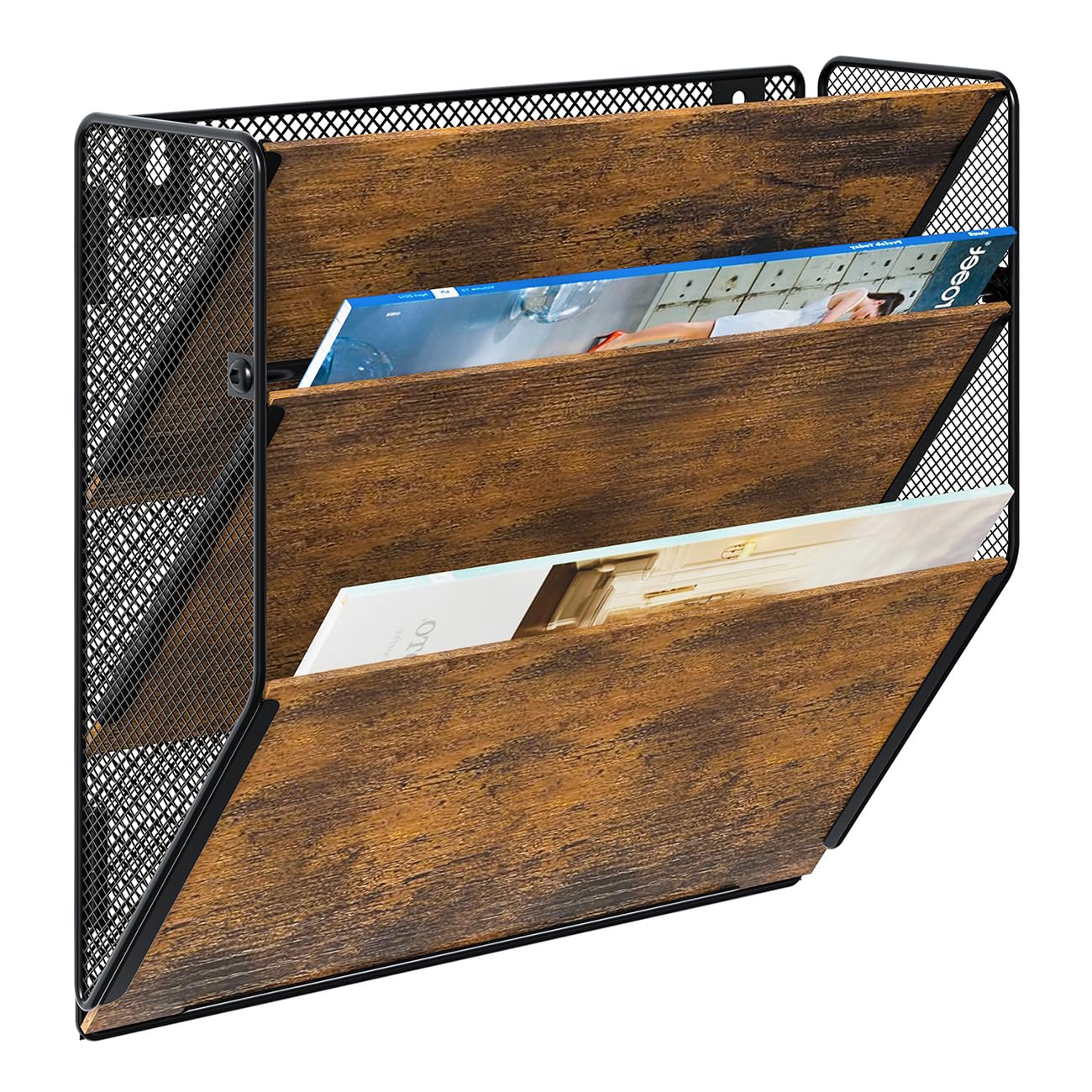 PAG 3 Tier Wall Hanging File Holder,Metal Wooden Magazine Rack A4 Paper Organiser, Wall Mounted Document Storage Organizer For Office Home School,Brown