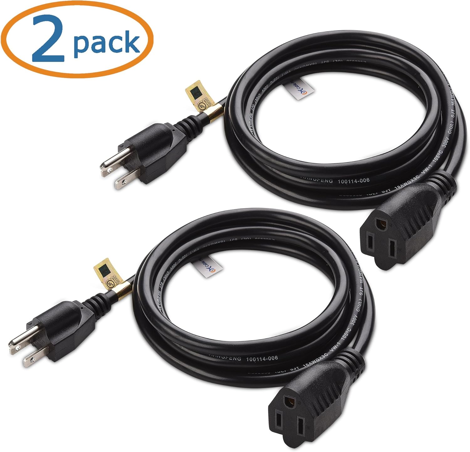 Cable Matters 2-Pack 16 AWG Heavy Duty AC Power Extension Cord (Power Extension Cable) in 10 Feet (NEMA 5-15P to NEMA 5-15R): Electronics