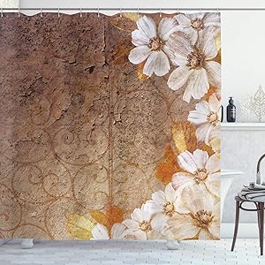 Ambesonne Grunge Home Decor Collection, Flowers and Leaves Pattern on Cracked Wall with Floral Lines Classic Deco, Polyester Fabric Bathroom Shower Curtain, 75 Inches Long, Brown Gold White