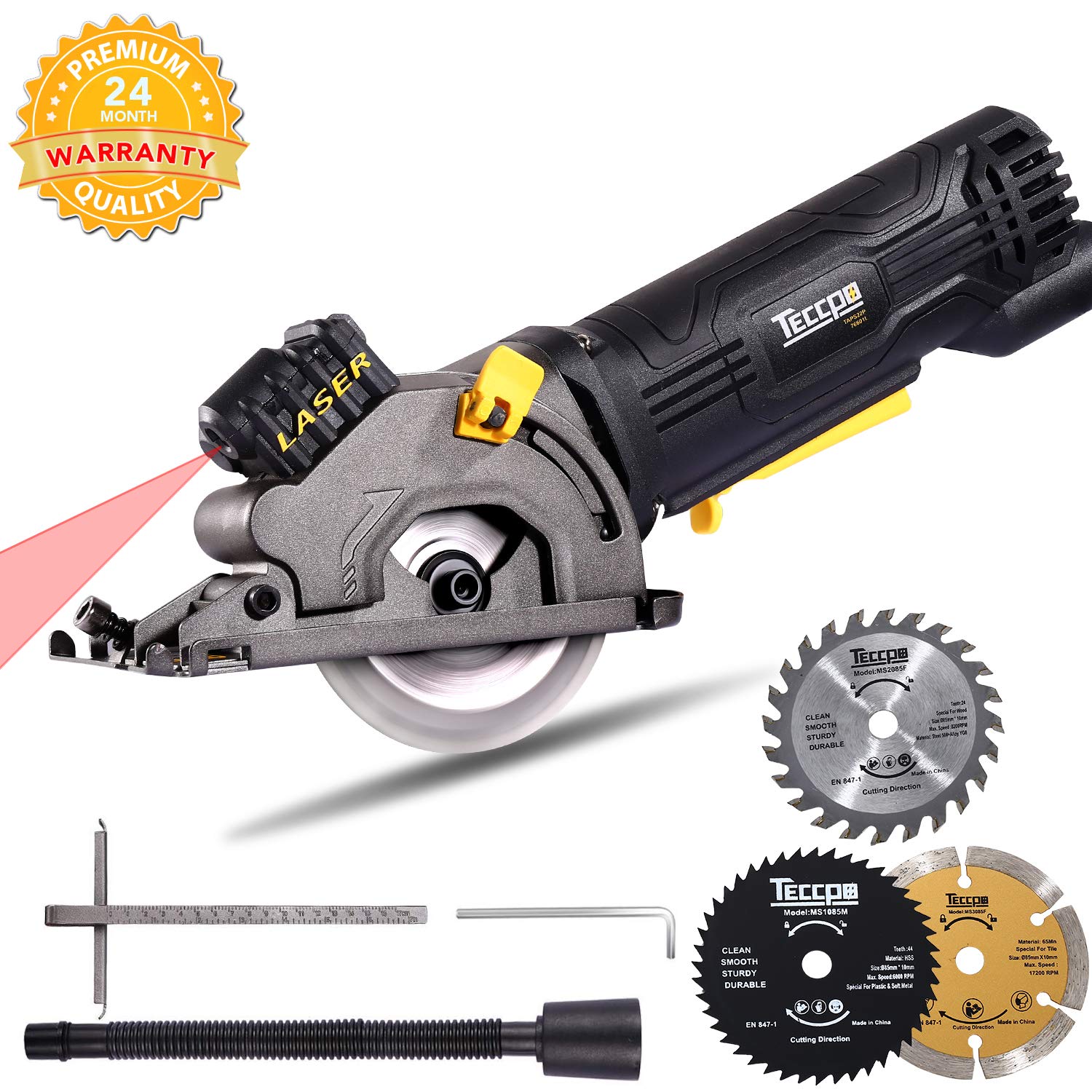 Circular Saw, TECCPO Compact Circular Saw with Laser Guide, 3 Saw Blades, Scale Ruler and 4Amp Pure Copper Motor, Suitable for Wood, Tile, 3-1/3” 3500RPM Aluminum and Plastic Cuts - TAPS22P