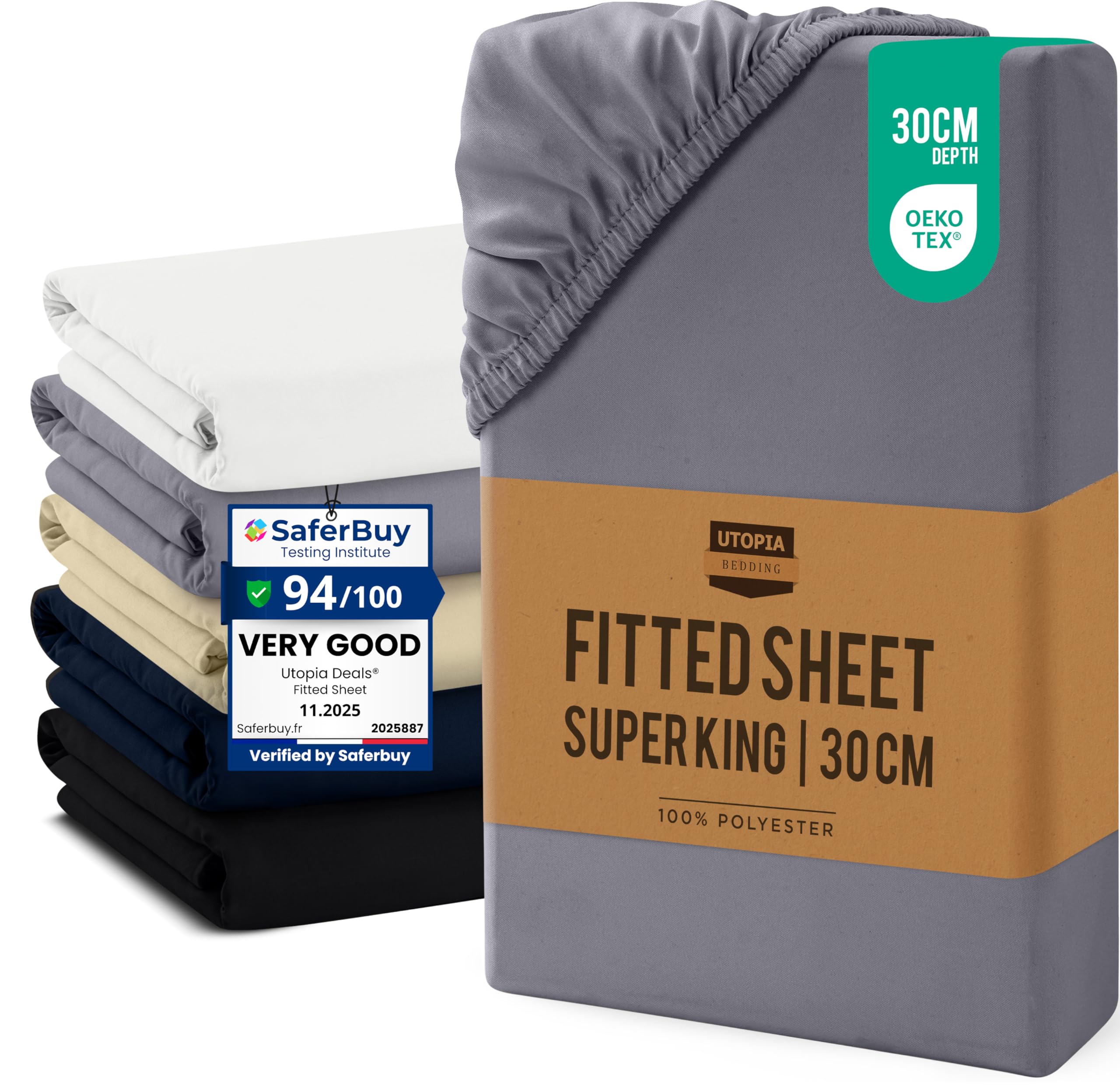 Utopia Bedding Fitted Sheet Super King, Grey - Up to 12 Inch (30cm) Deep - Easy Care - Soft Brushed Microfibre Fabric - Shrinkage and Fade Resistant - Oeko-Tex Certified - Bottom Sheet