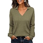 KIRUNDO Long Sleeve Shirts for Women 2025 Fall Fashion Outfits Going Out Tops Collar V Neck Blouses Ribbed Knit Loose Tunic