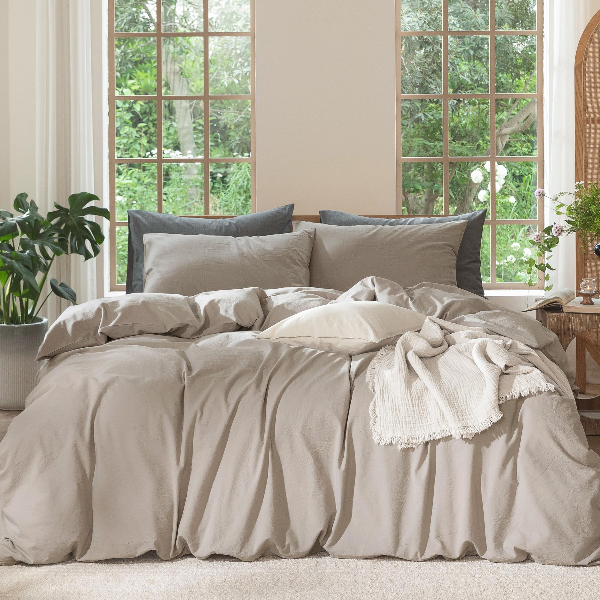 Photo 1 of MooMee Bedding Duvet Cover Set 100% Washed Cotton Linen Like Textured Breathable Durable Soft Comfy (Solid Light Tan, Queen 90"x90")