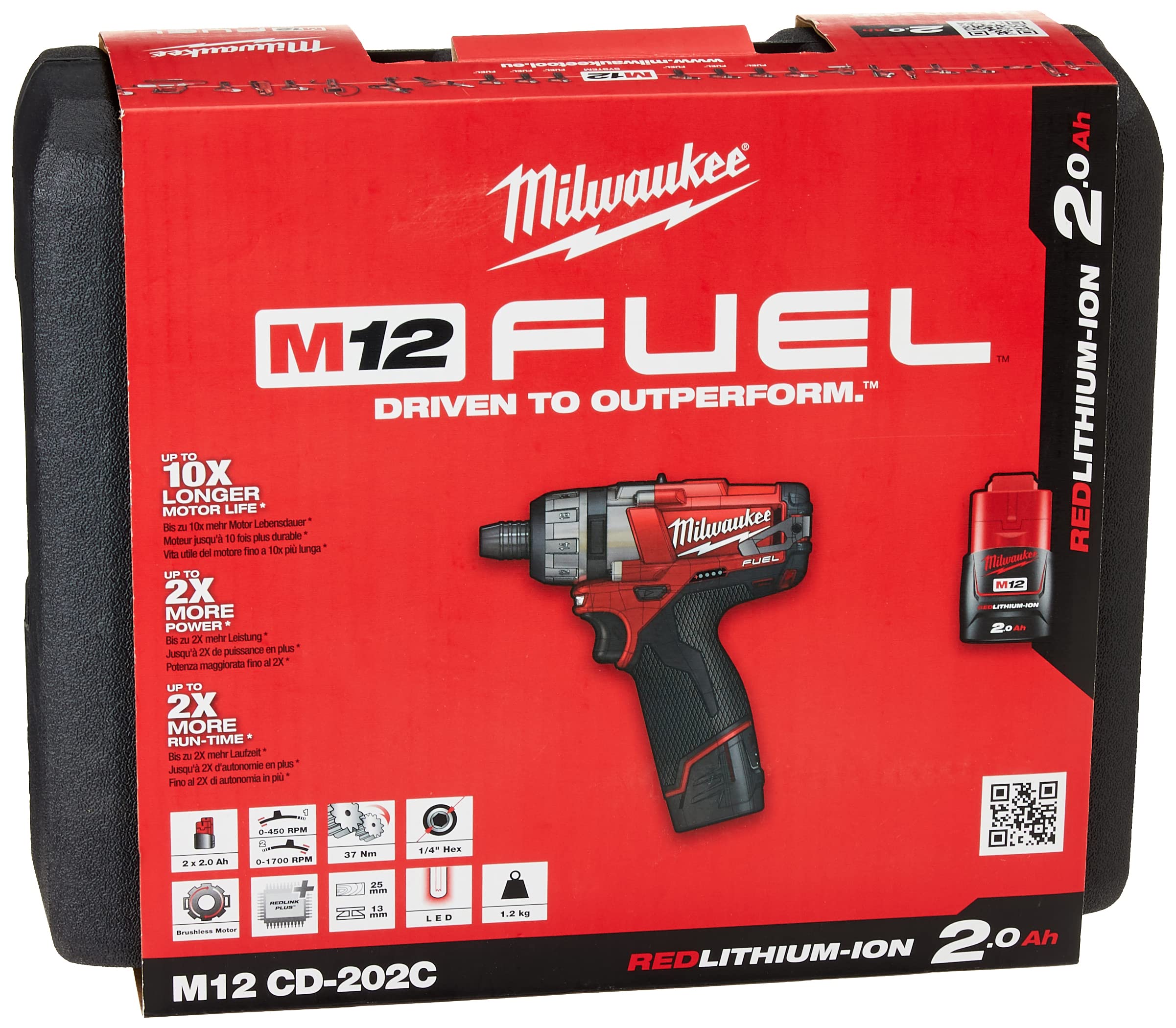 Milwaukee M12CD-202C M12 Fuel Compact Screwdriver with 2 x 2.0Ah Li-Ion Batteries/ Charger/ Soft bag , Red