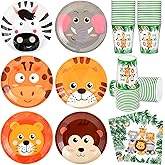 Jingmore 90 Pcs Jungle Safari Party Decorations Animals Themed Disposable Tableware Set for 30 Guests Zoo Paper Plates Jungle Napkins and Cups for Wild Animal Safari Zoo Birthday Baby Shower Supplies