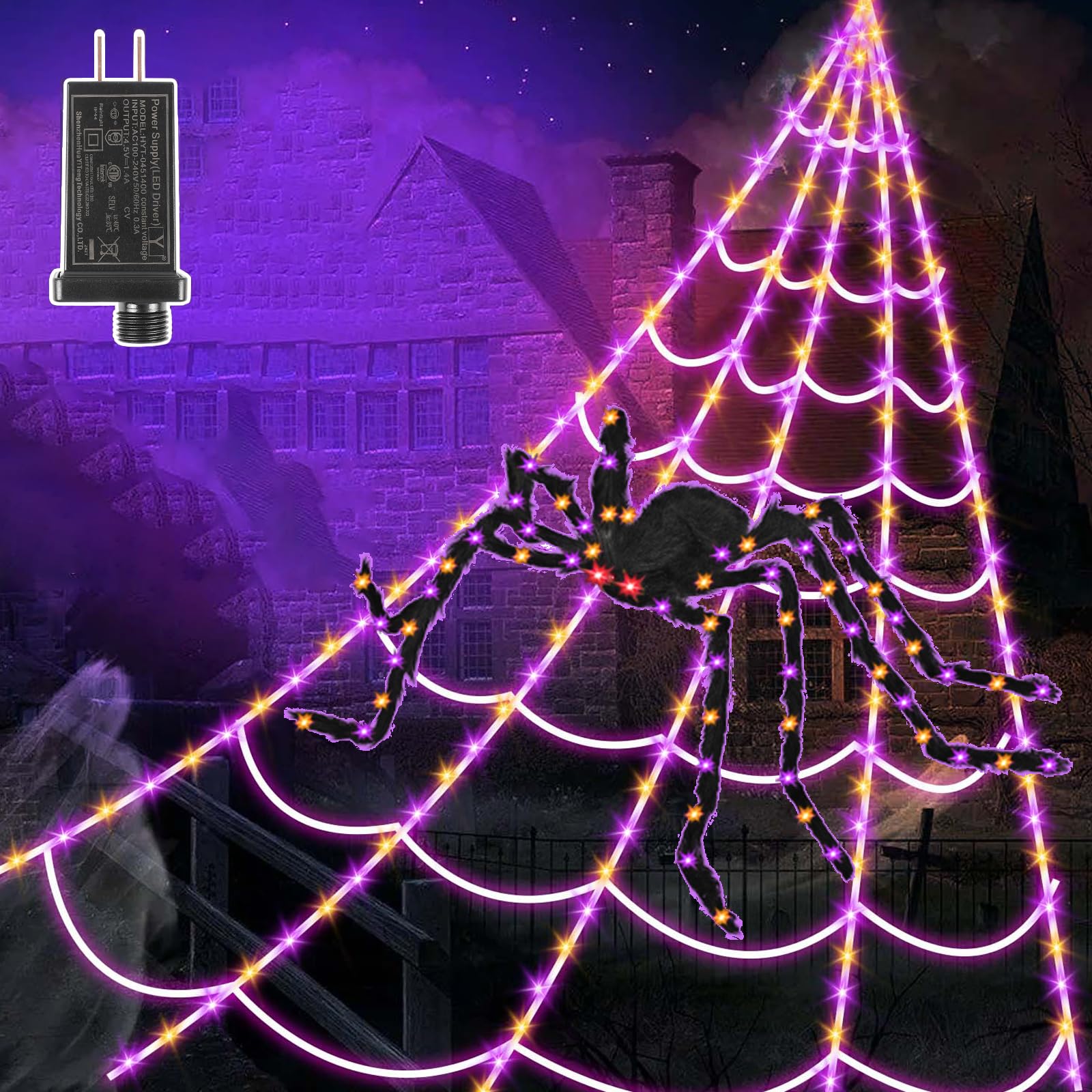 Photo 1 of Giant Spider Webs Halloween Decorations - 250 LEDs Outdoor Halloween Decor Lights,16.4FT Net, 4Ft Light-up Spider, 8 Modes,Waterproof & Timer for Yard Porch Garden,Outside Costumes Party (with Spider)