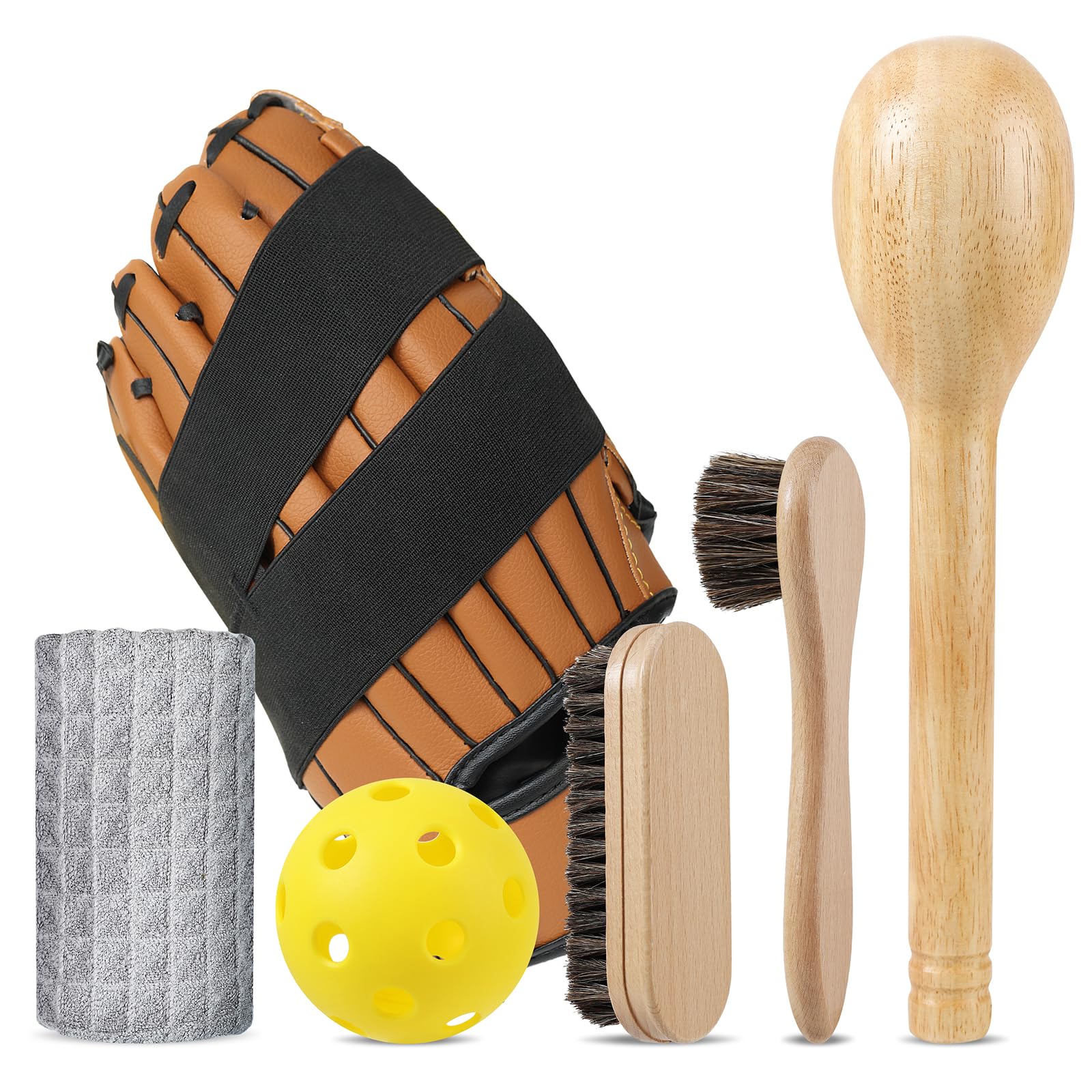 Photo 1 of Baseball Glove Break in kit, One-Piece Structure Baseball Glove Mallet, Wrap Band, Horsehair Brushes, Microfiber Clothe, Shaping Ball, Softball Mitts Scrub Kit for Adult Youth Catchers