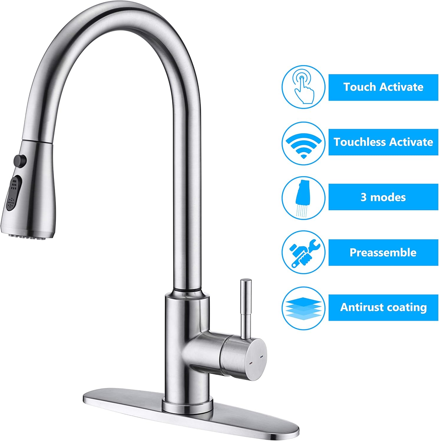 Touchless Kitchen Faucet, ARRISEA Touch-on Activation Kitchen Sink Faucets with Pull Down Sprayer, Brushed Nickel Smart Bar Sink Faucets with Three Water Flow Modes Spray Head F15027 - - 