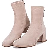 Trakxy Women's Square Toe Ankle Boots Faux Suede Low Block Heel Chelsea Boots Women Shoes
